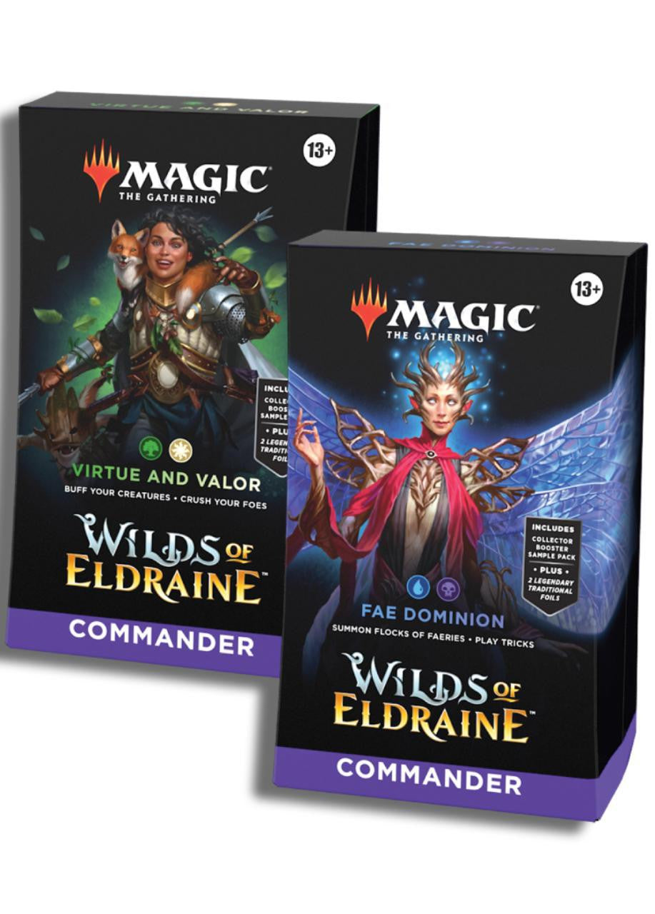 Magic The Gathering Wilds of Eldraine Commander Deck - Virtue and Valor  (100-Card Deck, 2-Card Collector Booster Sample Pack + Accessories)