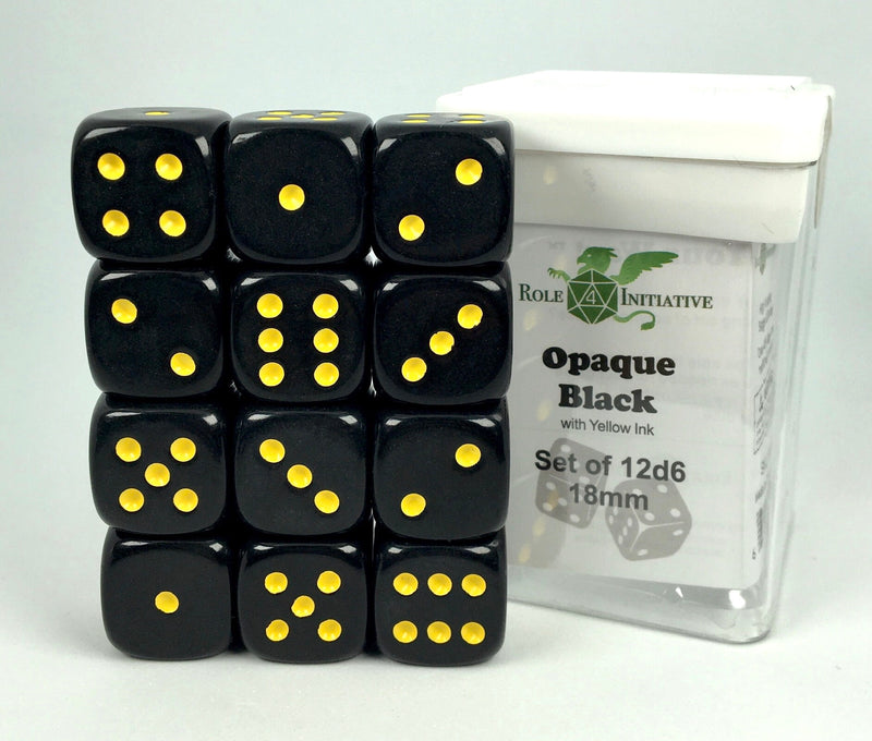 Dice - 12d6 Dice Set - Opaque Black/Yellow